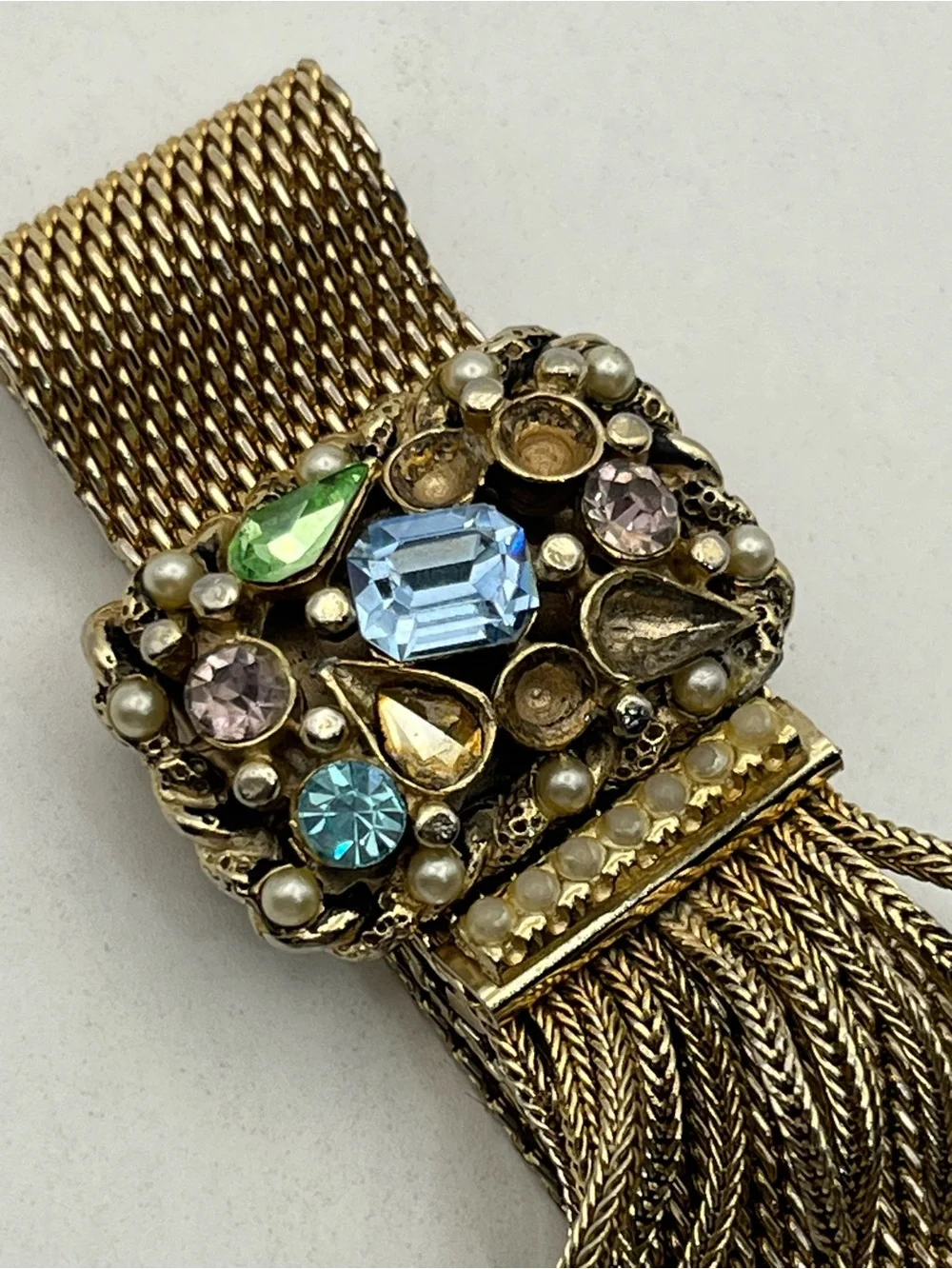 Victorian Revival gold tone mesh tassel slider adjustable rhinestone bracelet